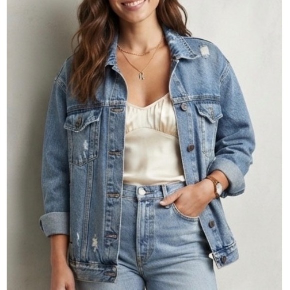 Free People Jackets & Blazers - Free People Distressed Oversized Denim Boyfriend Jacket Blue Cotton Small